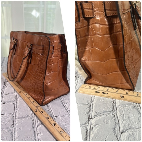 Michael Kors Dillon Satchel Croc Embossed Leather Shoulder Cognac Tan Purse Bag - Picture 11 of 16